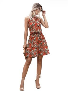 Women's Halter Neck Tie Back Boho Floral Print Sleeveless Elastic Waist Dress XL